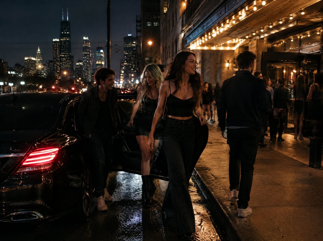 Friends stepping out of a black car near a lit concert venue at night