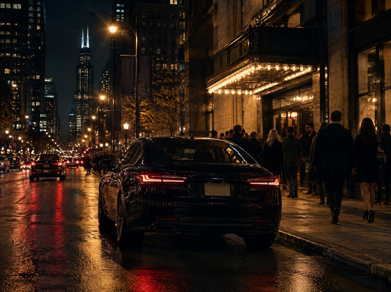 A black car waiting on a lit city street after a show
