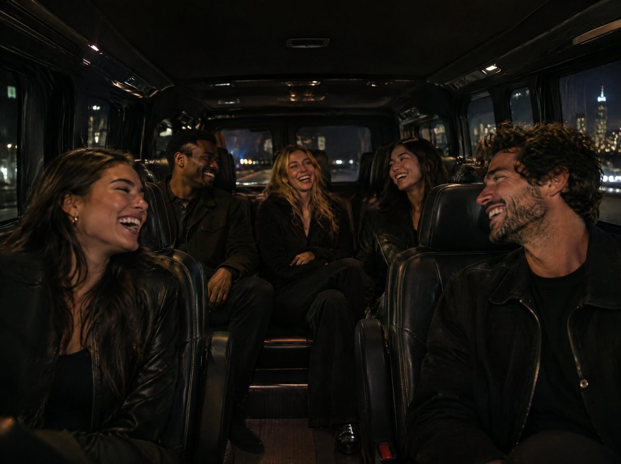 A group of friends in a spacious van interior at night