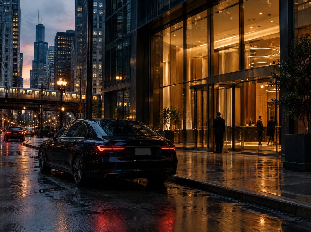 A black car waiting outside a glass office lobby in the Loop