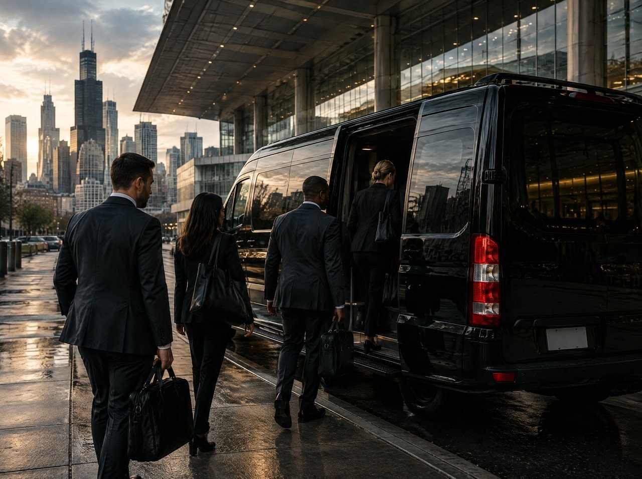 A business team boarding a black van outside a convention center