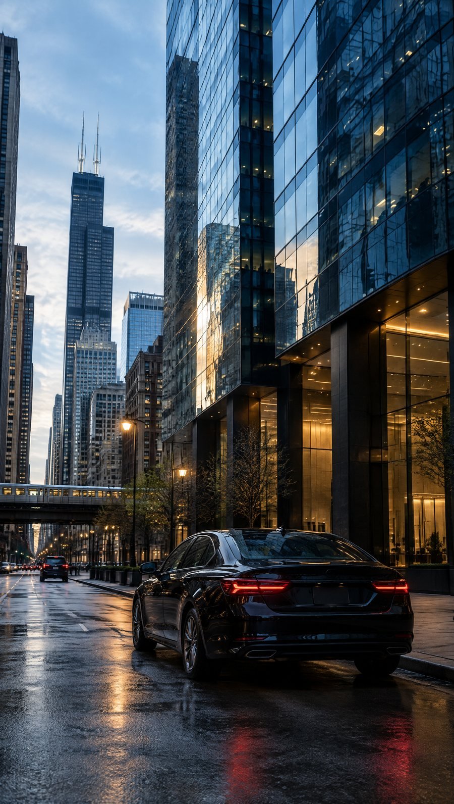 A black sedan at the base of a glass office tower in the Loop in the morning