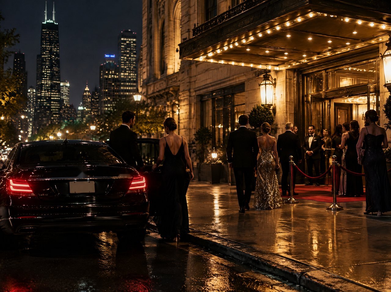 Guests in evening wear arriving at a lit gala entrance at night