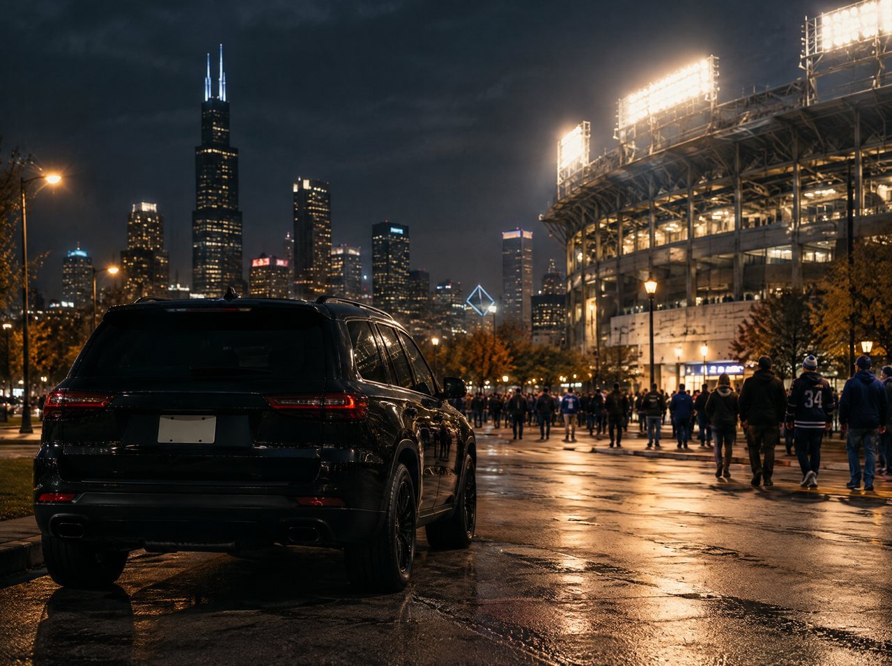 A black SUV near stadium lights on a game night