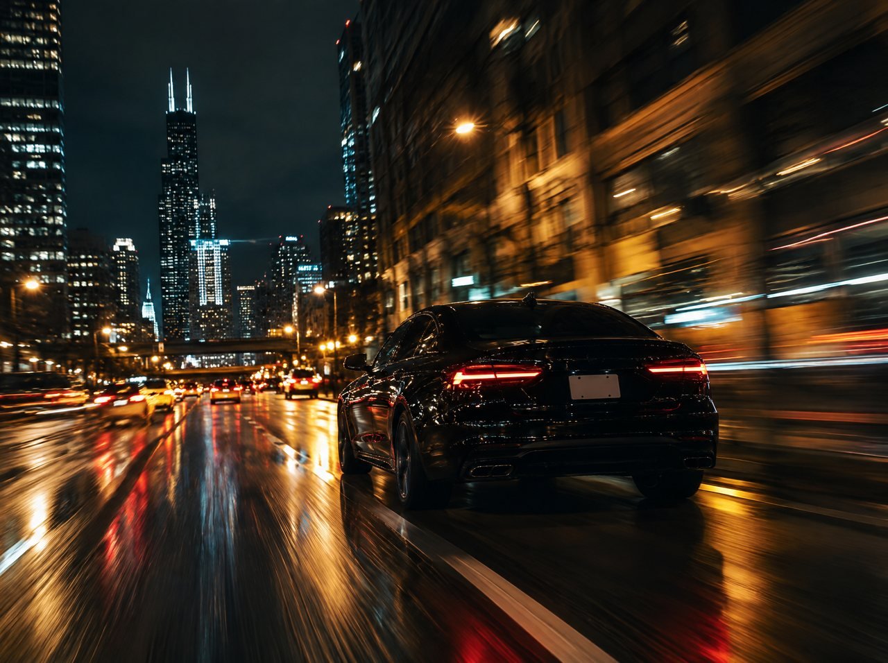 A black car driving through city lights late at night