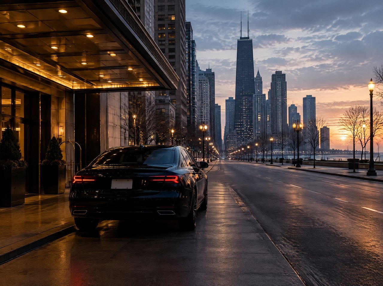 A black sedan waiting under a hotel canopy on the Magnificent Mile at dawn