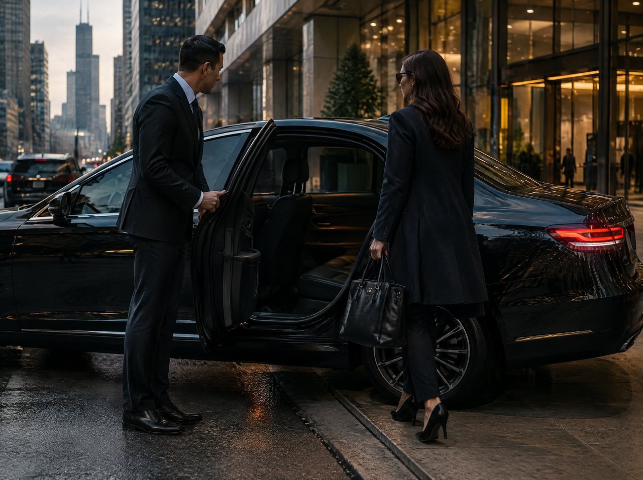 A chauffeur opening the door for an executive outside an office building