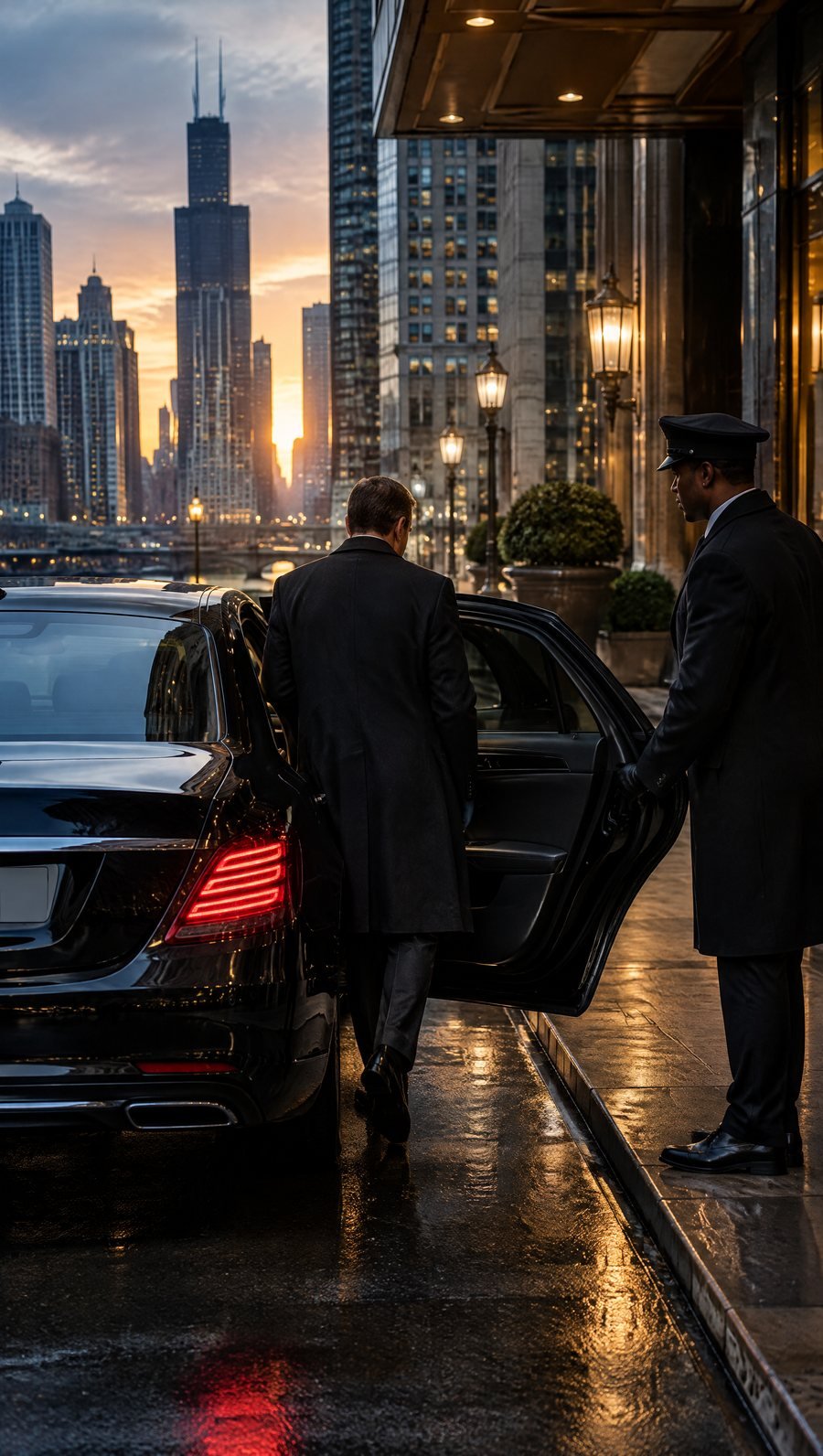 An executive stepping into a black sedan at a downtown hotel entrance at dawn