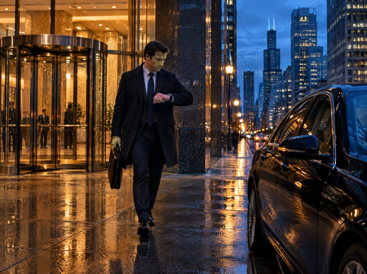 An executive walking out of a Loop office tower at dusk toward a waiting black car