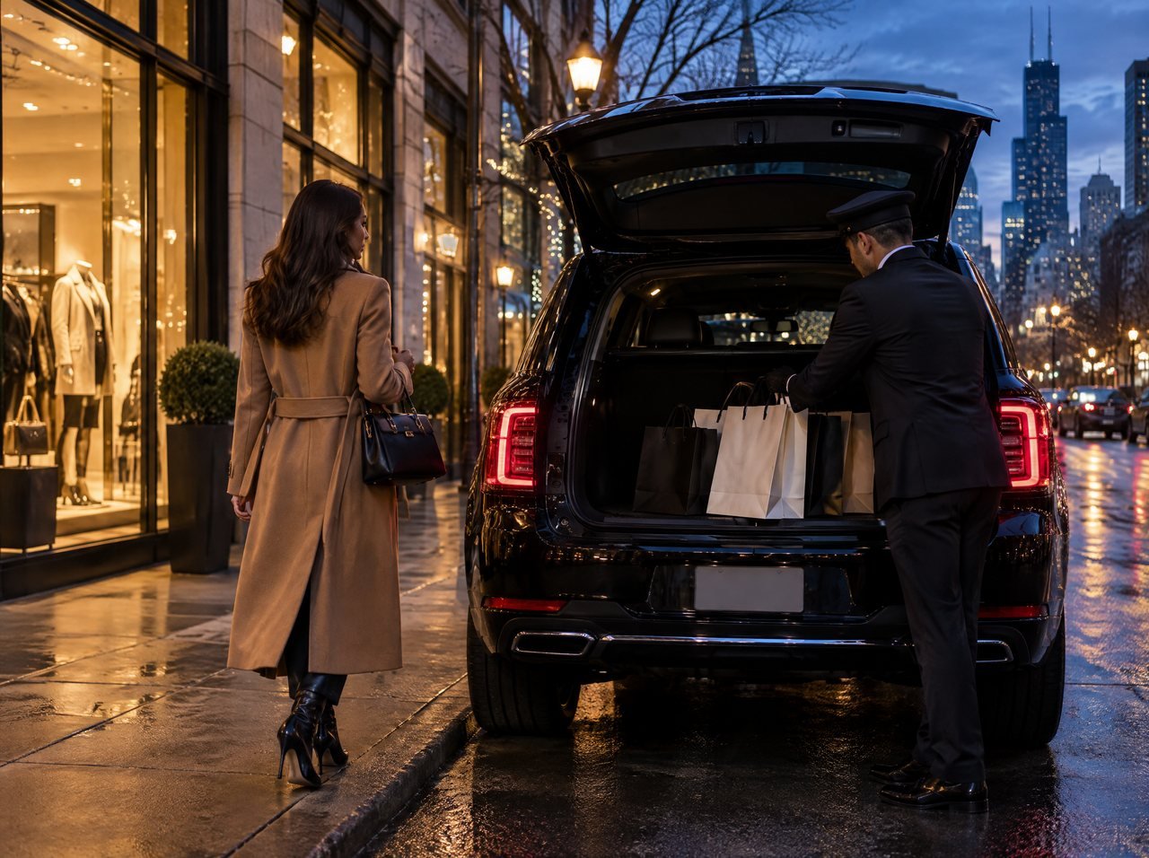 A chauffeur placing shopping bags into the trunk of a black SUV outside a boutique at dusk