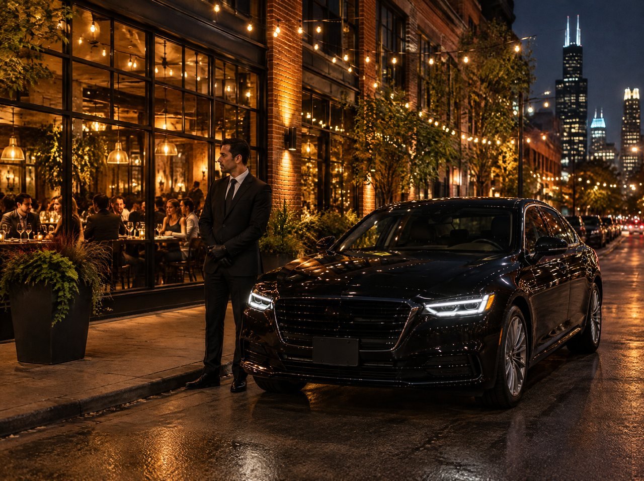 A chauffeur waiting beside a black sedan outside a lit West Loop restaurant at night
