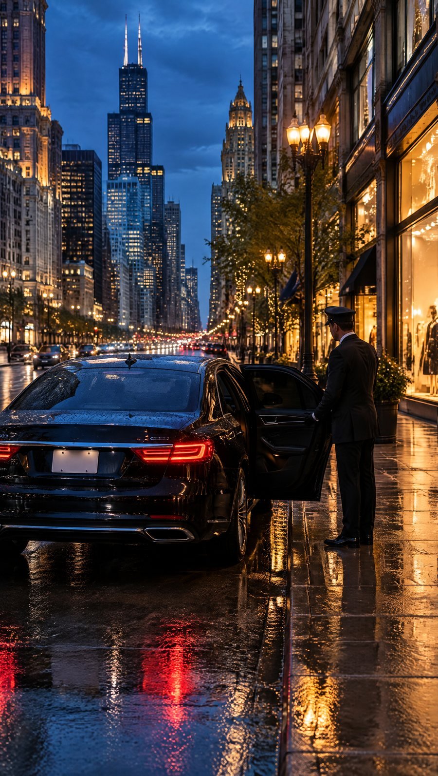A black sedan waiting at the curb on Michigan Avenue at dusk, a chauffeur by the open rear door