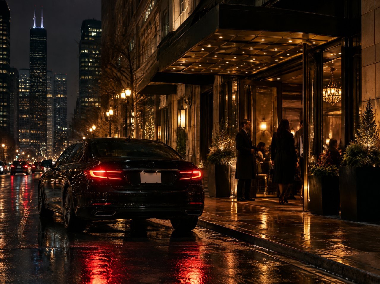 A black car pulling up at a lit restaurant entrance downtown