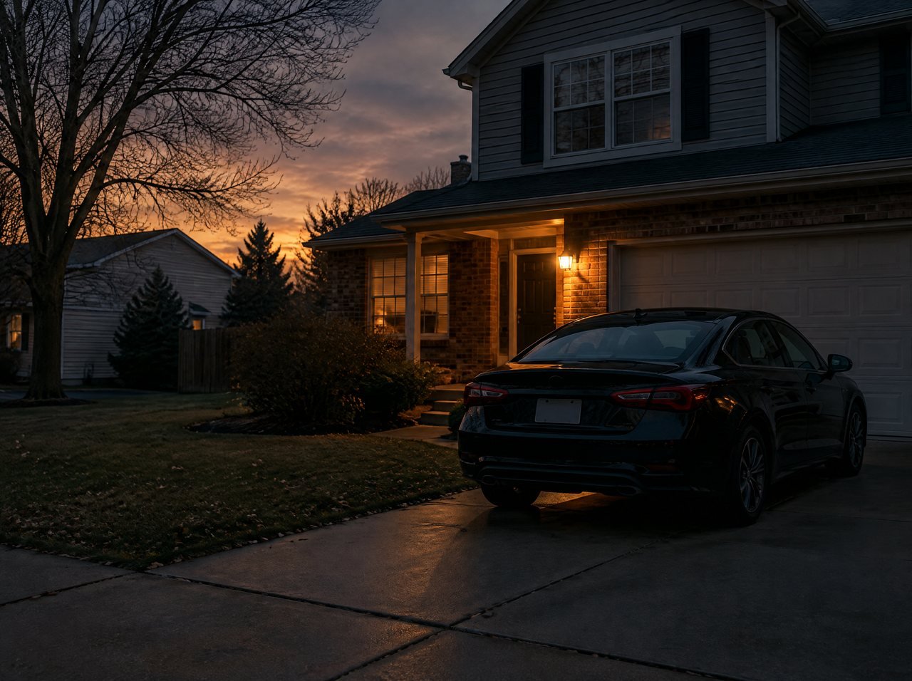 A black car in the driveway of a suburban home at dusk