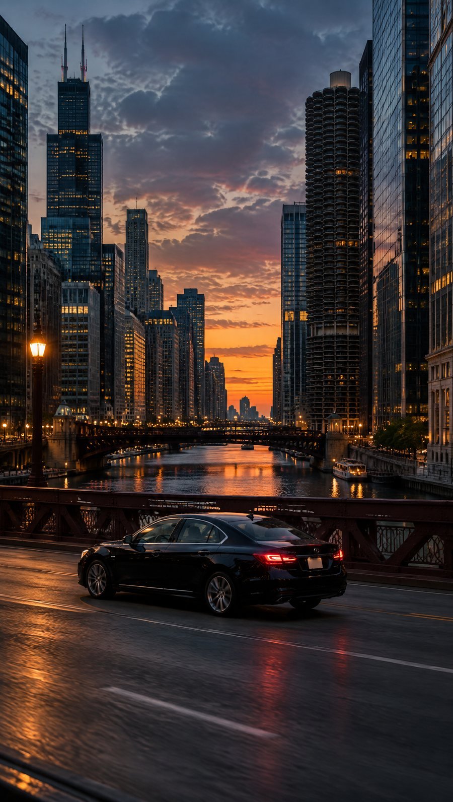 A black sedan crossing a Chicago River bridge at dusk