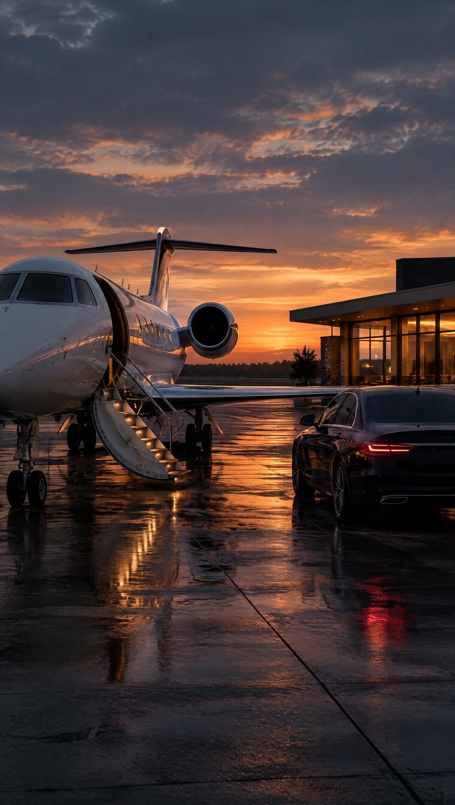 A business jet on a ramp at dusk with a black car waiting beside the terminal