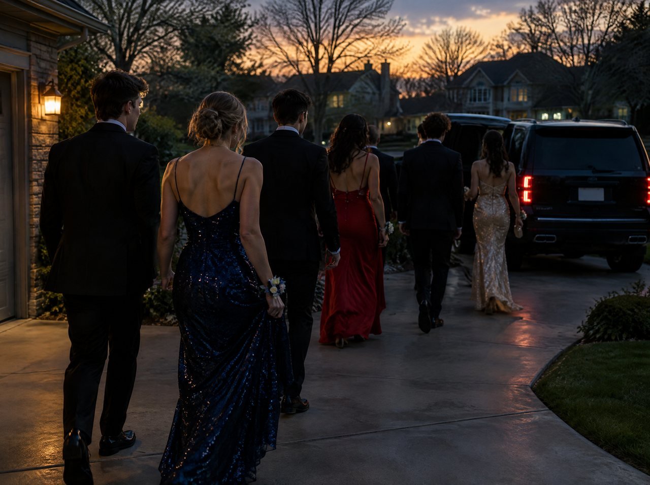 A group of students in formal wear walking to a black car at dusk
