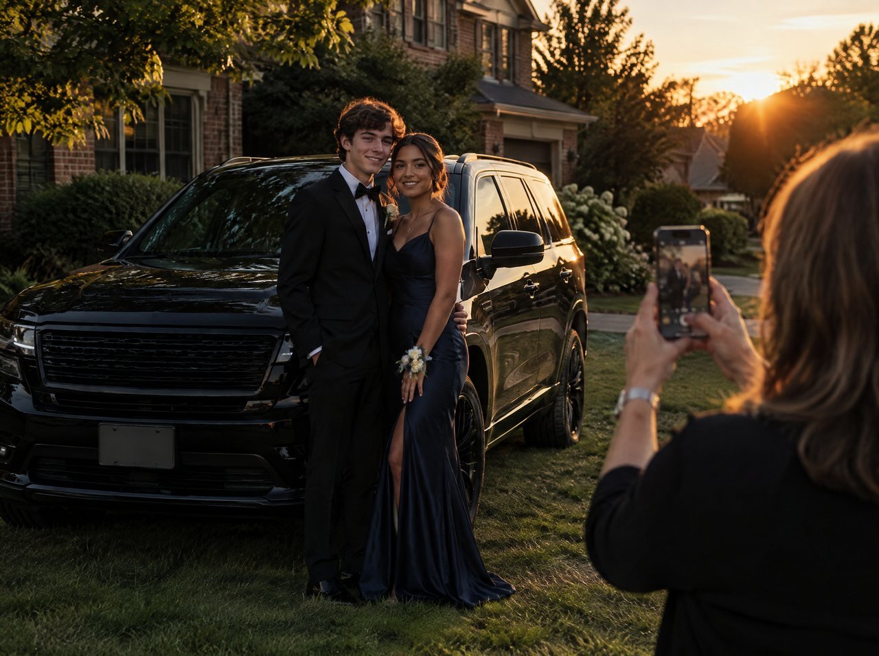 Students in formal wear posing beside a black car as a parent takes a photo