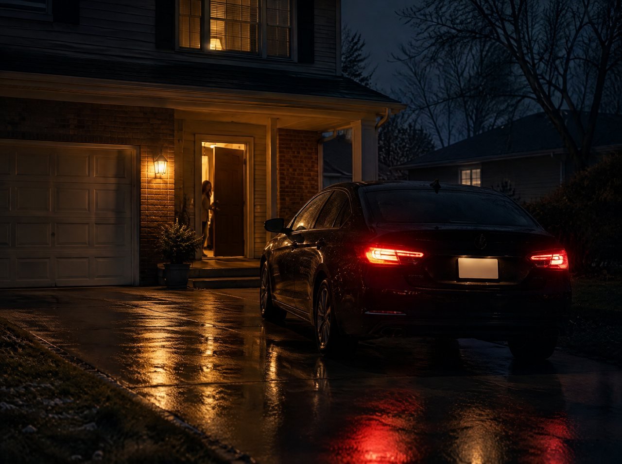 A black car arriving back at a family home late at night