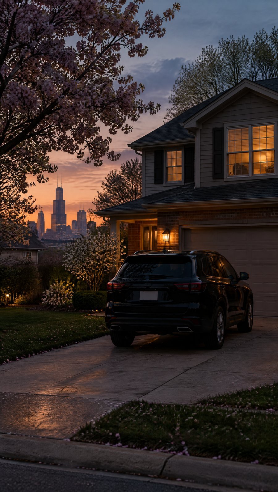 A black SUV waiting in a suburban driveway at dusk on prom night