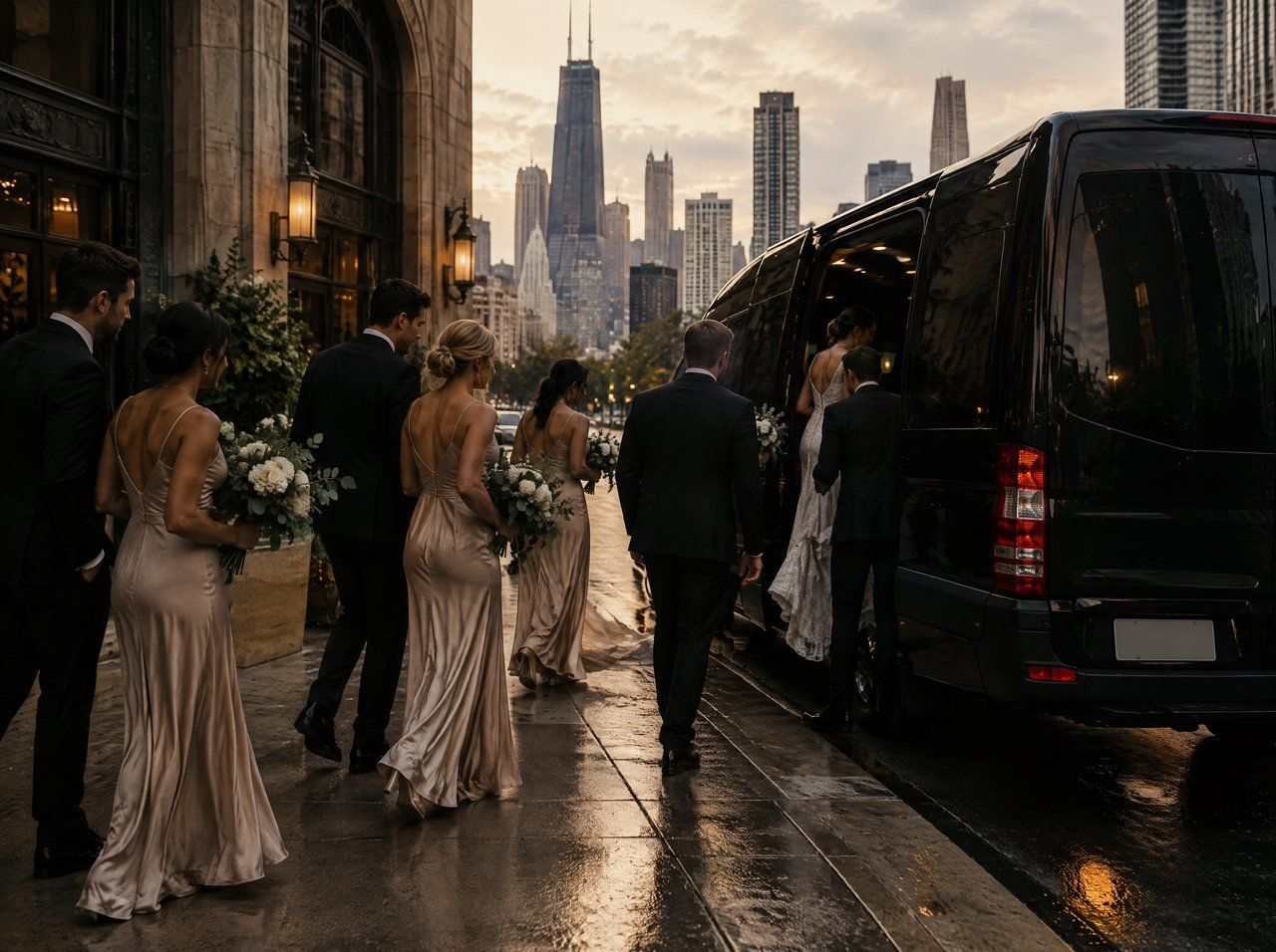 A bridal party in formal wear boarding a black van outside a venue