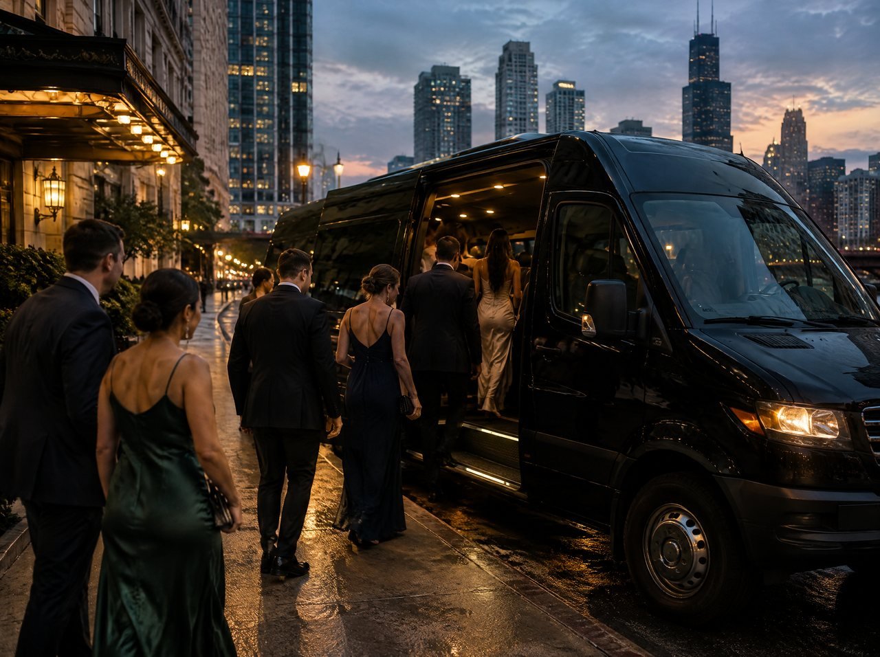 Wedding guests in evening wear boarding a black shuttle outside a hotel