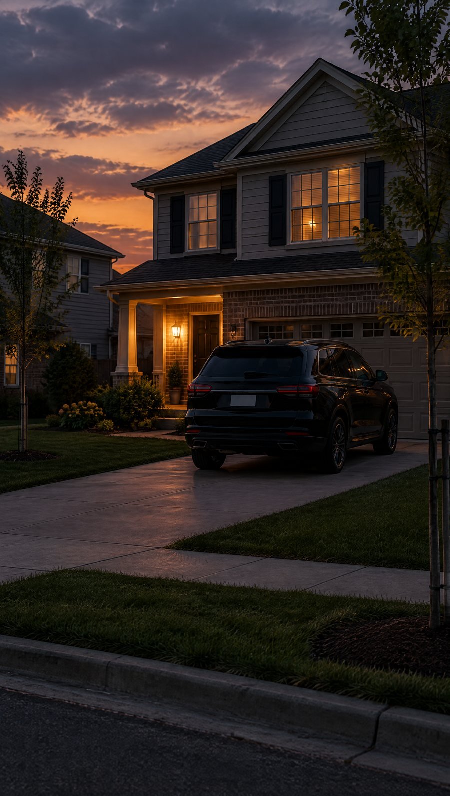 A black SUV in a Bolingbrook neighborhood driveway at dusk