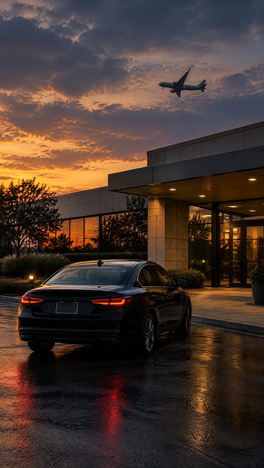 A black sedan at a modern office entrance in Elk Grove Village at dusk