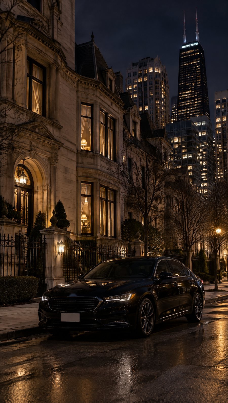 A black sedan outside a historic Gold Coast building at night