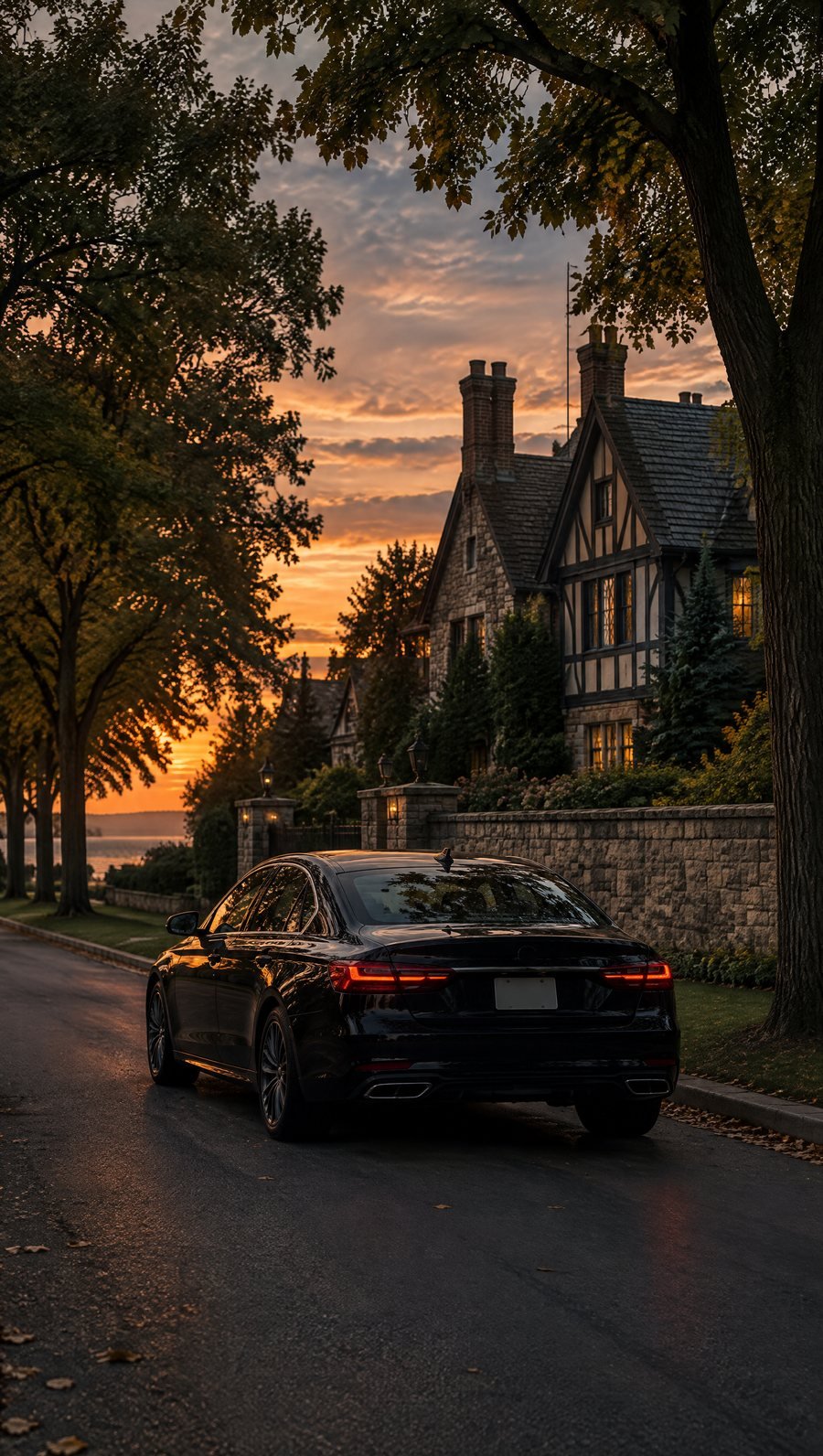 A black sedan on a tree-lined Lake Forest street at dusk