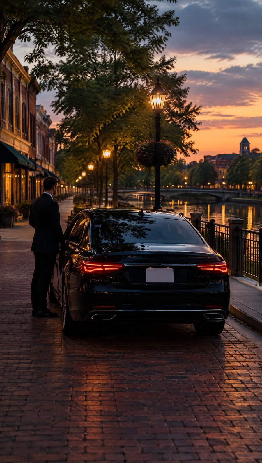 A black sedan waiting beside the Naperville Riverwalk at dusk