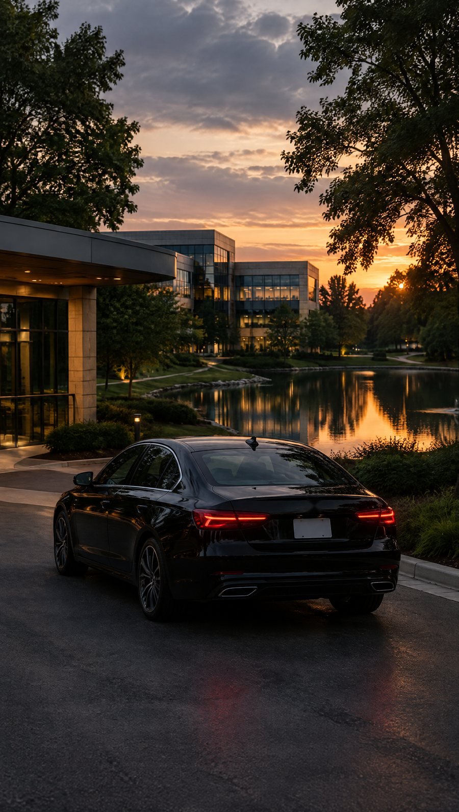 A black sedan outside a corporate campus in Oak Brook at dusk
