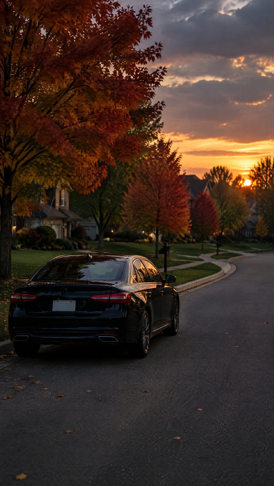 A black sedan on a tree-lined suburban street at dusk, autumn leaves along the curb
