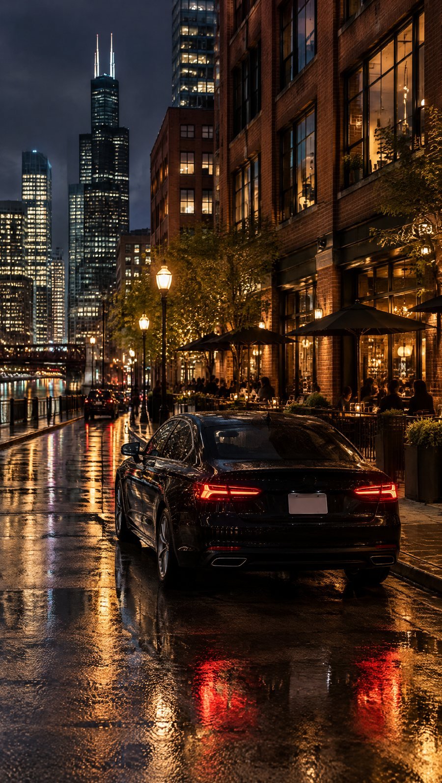 A black sedan on a River North street of lit restaurants at night