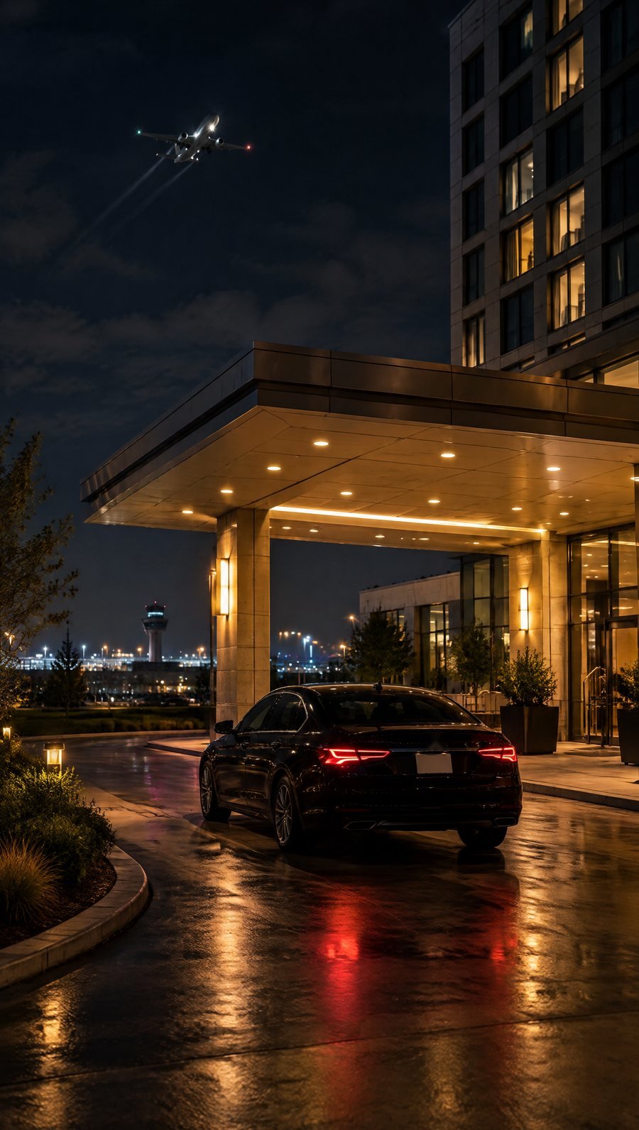 A black car outside a lit hotel entrance in Rosemont at night