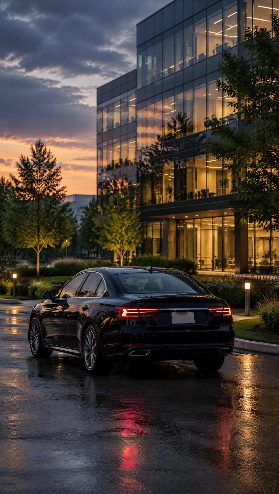 A black sedan outside a glass office building in Schaumburg at dusk