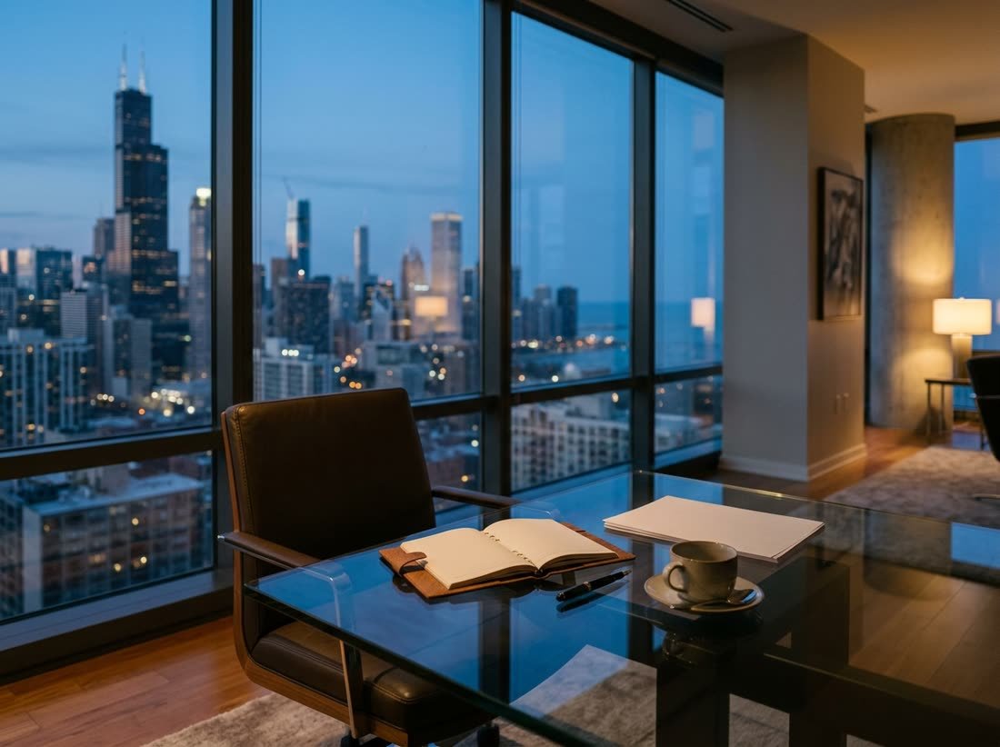 A quiet executive office at dusk above the Chicago skyline