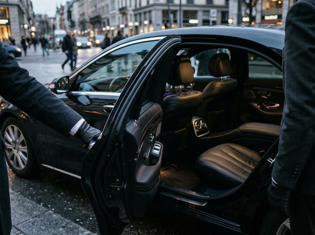 A chauffeur holding open the rear door of a black car at a city curb